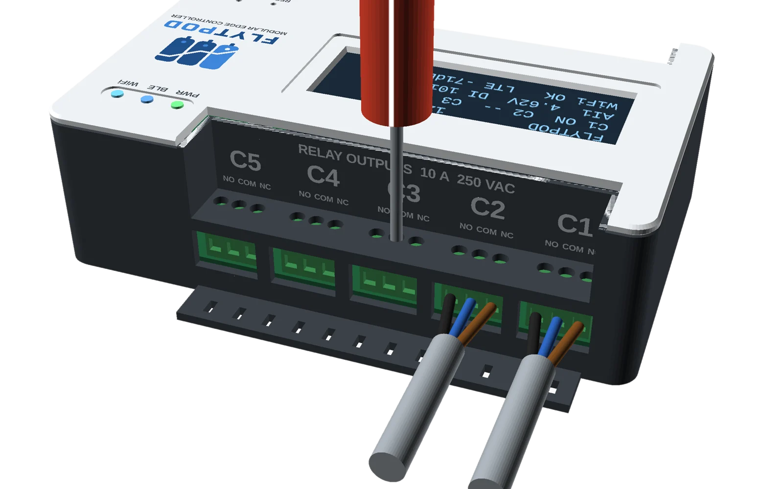 Wiring a relay terminal through the shoulder hole with a screwdriver