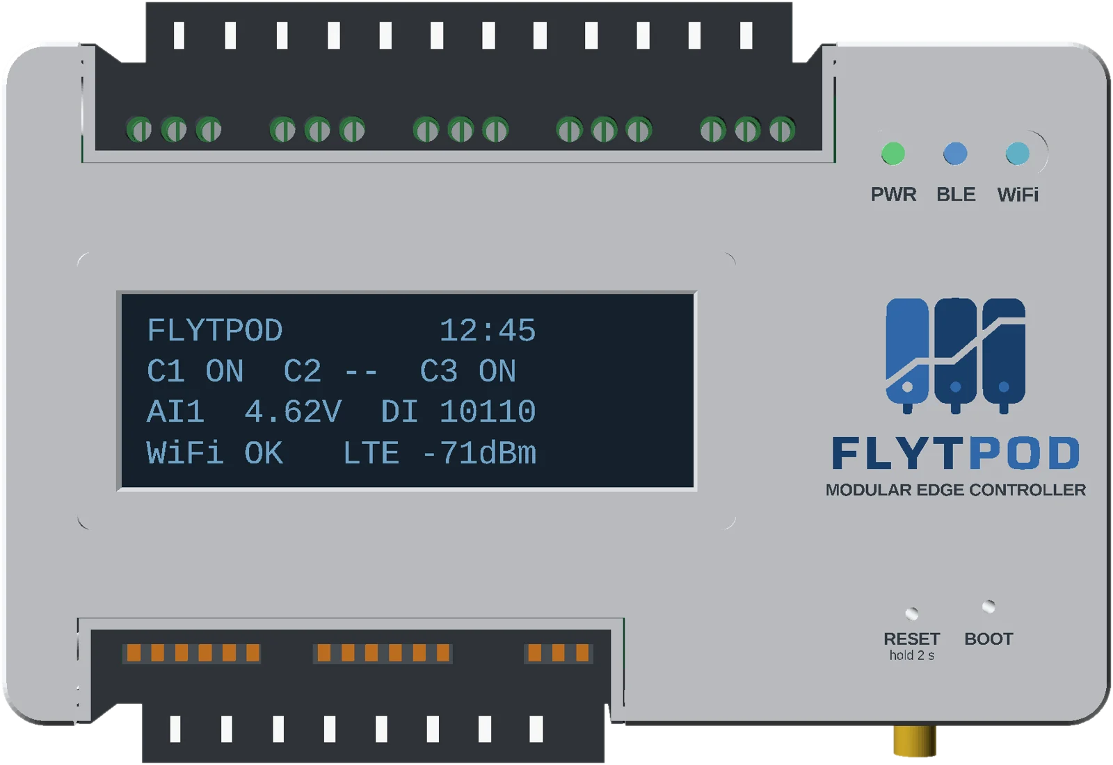 Top view of FlytPod showing LCD, LEDs and terminal rows